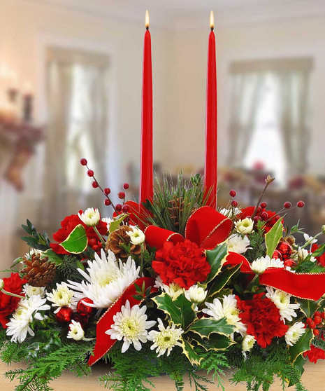Carnation and Mum Double Candle Holiday Centerpiece 
