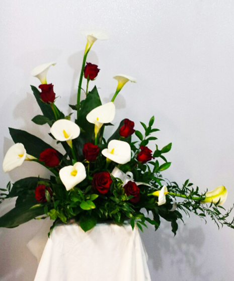 Red Rose and White Calla Lily Funeral Arrangement