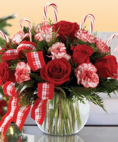 Rose and Carnation Candy Cane Arrangement