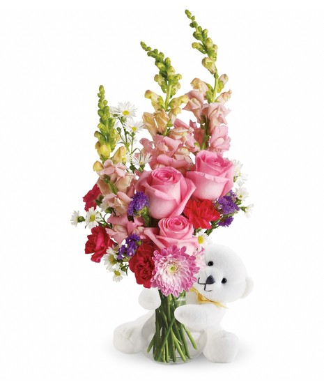 Bear and Pink Rose Arrangement