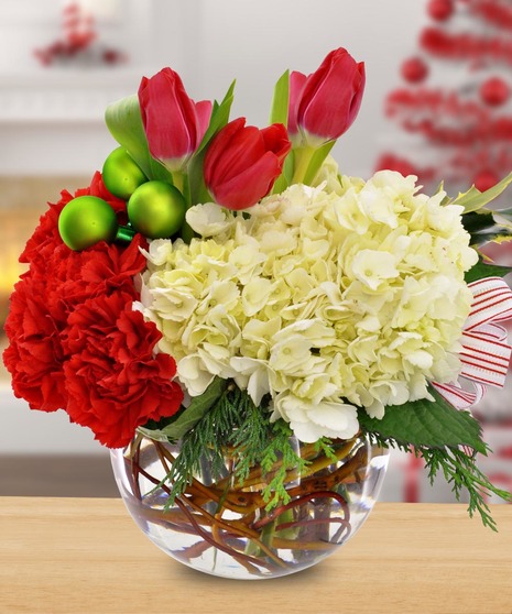 Hydrangea, Tulip, and Carnation Holiday Bowl Arrangement