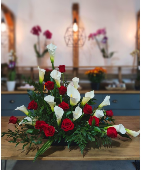 Red Rose and White Calla Lily Funeral Arrangement