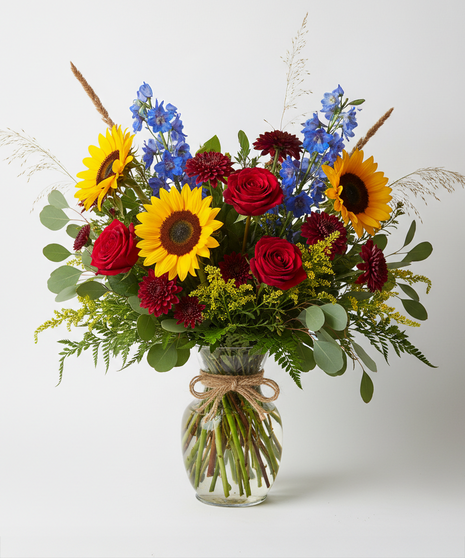 Sunflower, Rose and Delphinium Bouquet