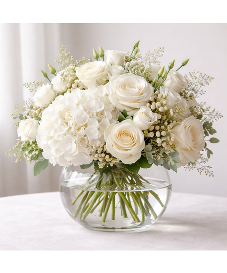 White Rose and Hydrangea Floral Arrangement