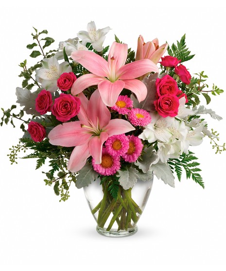 Hot pink spray roses, pink Asiatic lilies, white alstroemeria and accent flowers