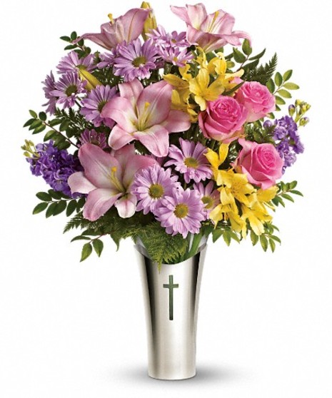 Silver Cross Bright Colored Floral Arrangement